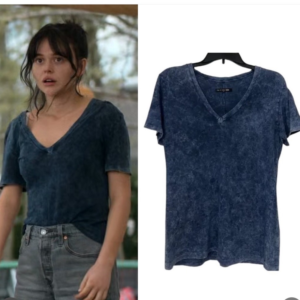 rag & bone Blue Cotton Mineral wash Deep V-neck T-shirt
